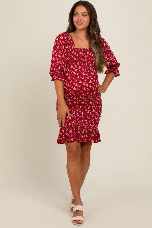 maternity flexible fit dress -Red Floral Smocked Fitted Maternity Dress