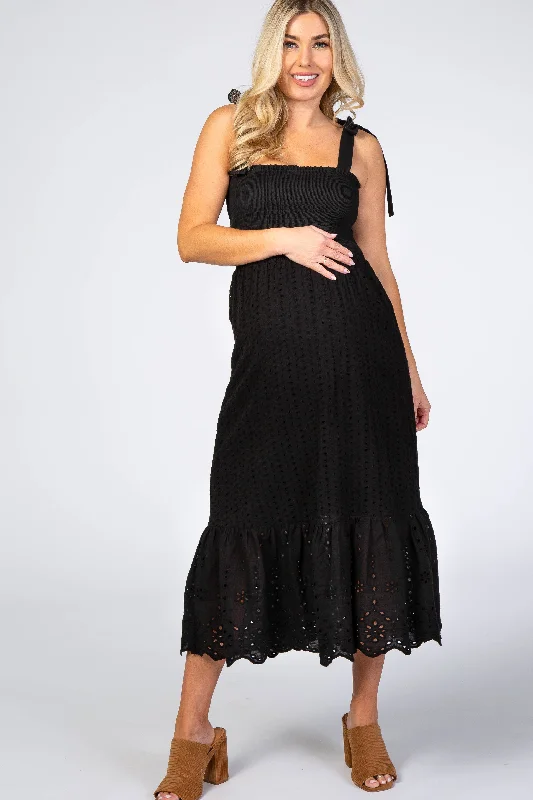 maternity bohemian dress -Black Eyelet Maternity Dress