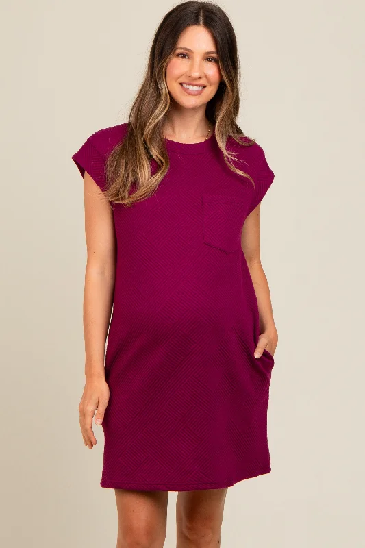 maternity high low dress -Violet Front Pocket Line Textured Short Sleeve Maternity Dress