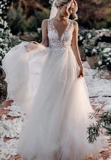 sleeveless striped dress -Lace Tulle Floor-length A Line Sleeveless Bohemian Wedding Dress with Flowers