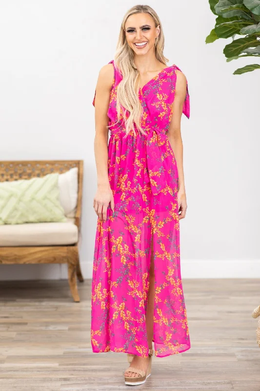 Women's maxi dress olive plaid -Hot Pink Floral Print Surplice Front Maxi Dress