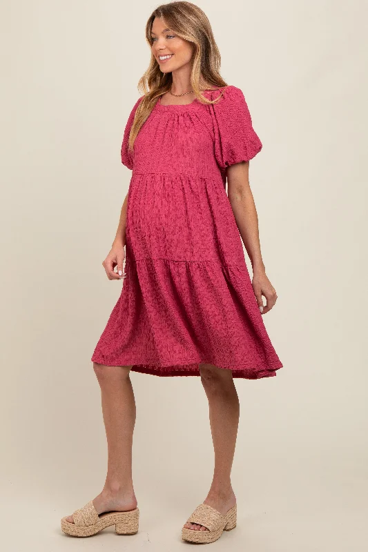 maternity mermaid dress -Pink Textured Tiered Puff Sleeve Maternity Dress