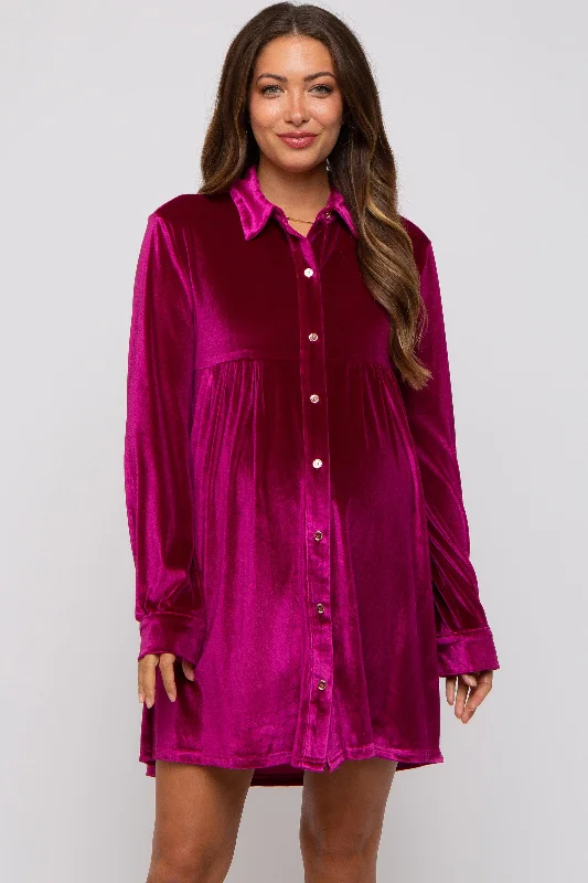 maternity bold color dress -Magenta Velvet Button Down Maternity Dress