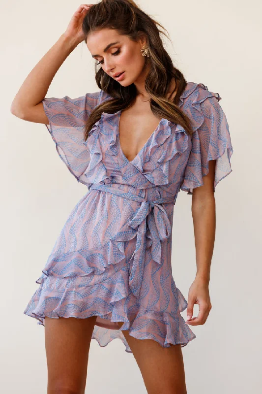 short sleeve pleated chiffon dress -Sweet Talk Short Sleeve Ruffle Detail Dress Dot Pattern Rose/Blue