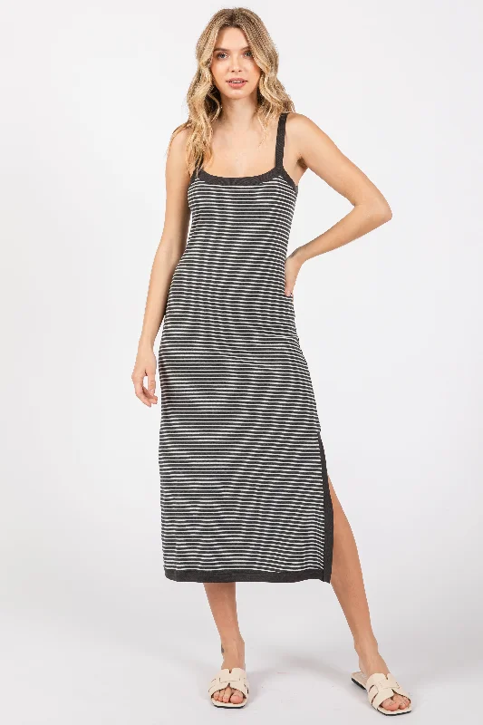 sleeveless draped cowl neck dress -Charcoal Striped Sleeveless Fitted Side Slit Dress