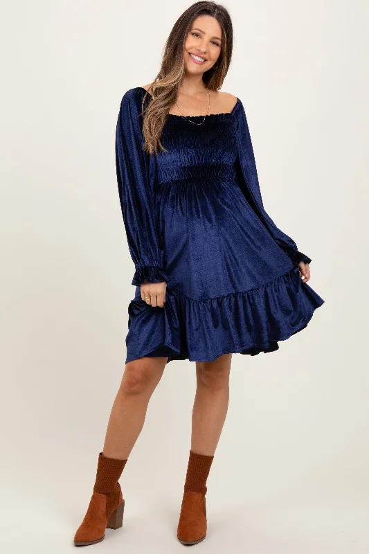 maternity sequin dress -Navy Velvet Smocked Long Sleeve Maternity Dress