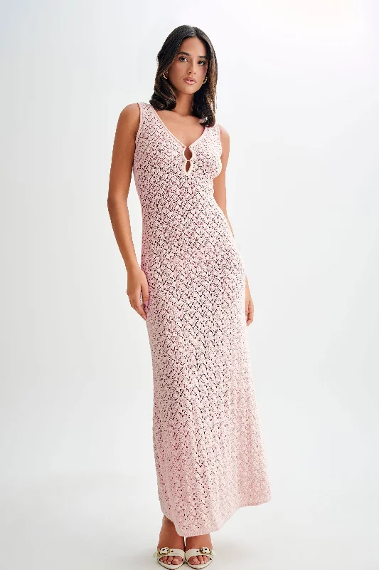 Women's maxi dress chic denim -Carter Crochet Sleeveless Maxi Dress - Powder Pink