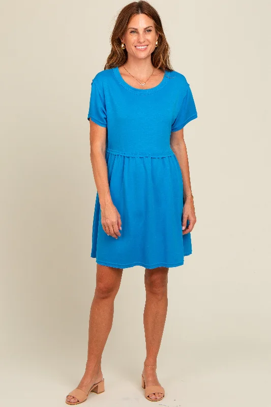 short sleeve draped cowl neck dress -Royal Blue Cut Edge Short Sleeve Dress