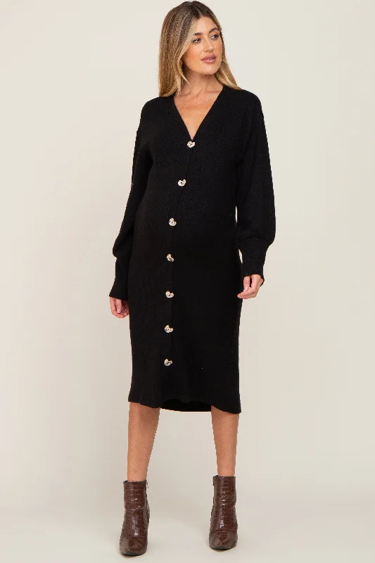 maternity round neck maternity dress -Black Long Button Down Maternity Cardigan/Dress