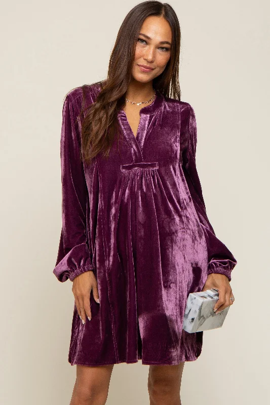 maternity fitted evening gown -Plum V-Neck Velvet Maternity Dress