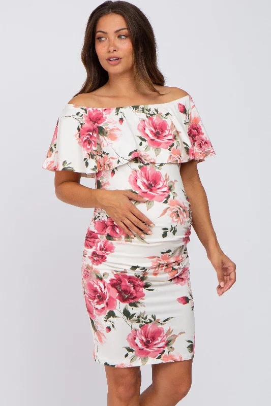 maternity summer dress -Cream Floral Off Shoulder Maternity Fitted Dress