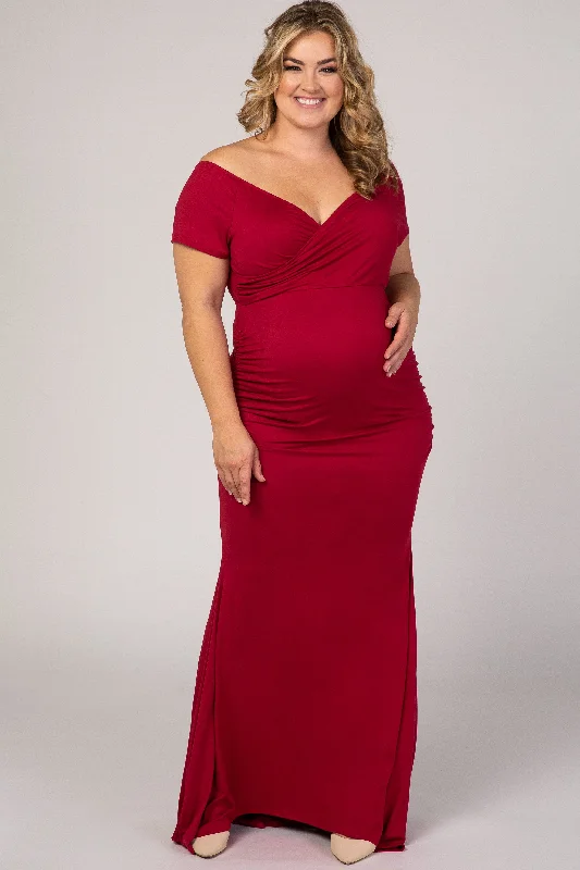 maternity maternity maxi evening dress -PinkBlush Burgundy Off Shoulder Wrap Plus Maternity Photoshoot Gown/Dress