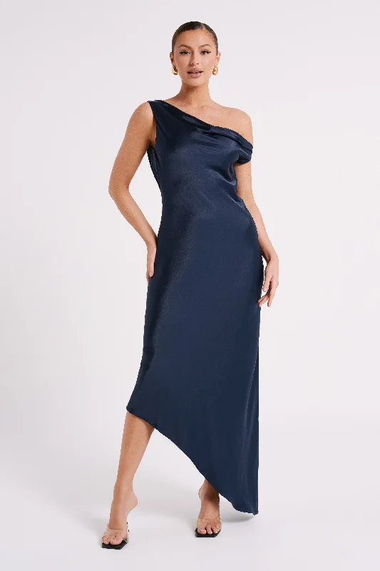 Women's maxi dress forest shade -Yvette Slip Maxi Dress With Asymmetrical Hem - Navy