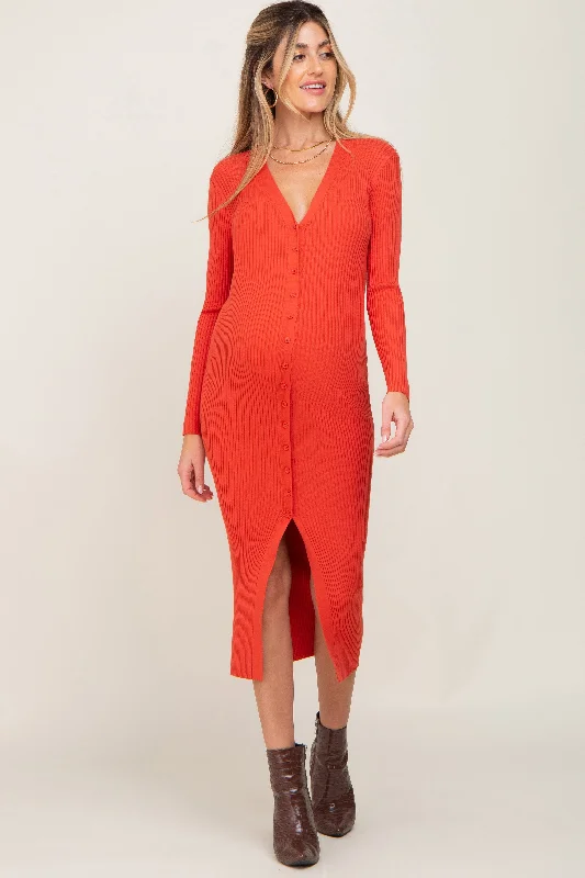 maternity sophisticated maternity dress -Rust Ribbed Button Front Long Sleeve Maternity Dress