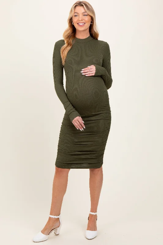 maternity spaghetti strap dress -Olive Ribbed Mock Neck Ruched Long Sleeve Maternity Dress