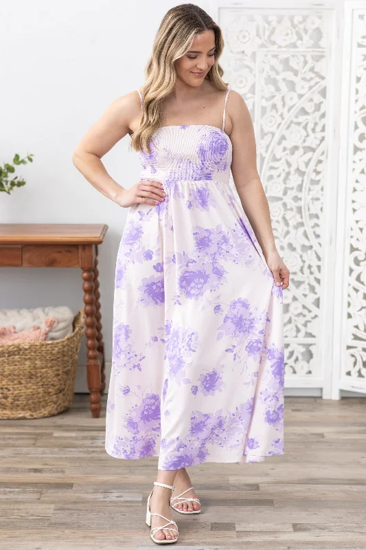 Women's maxi dress soft cotton -Lavender Floral Smocked Bodice Maxi Dress