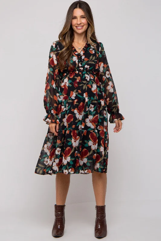 maternity cozy winter dress -Black Floral Ruffle V-Neck Maternity Dress