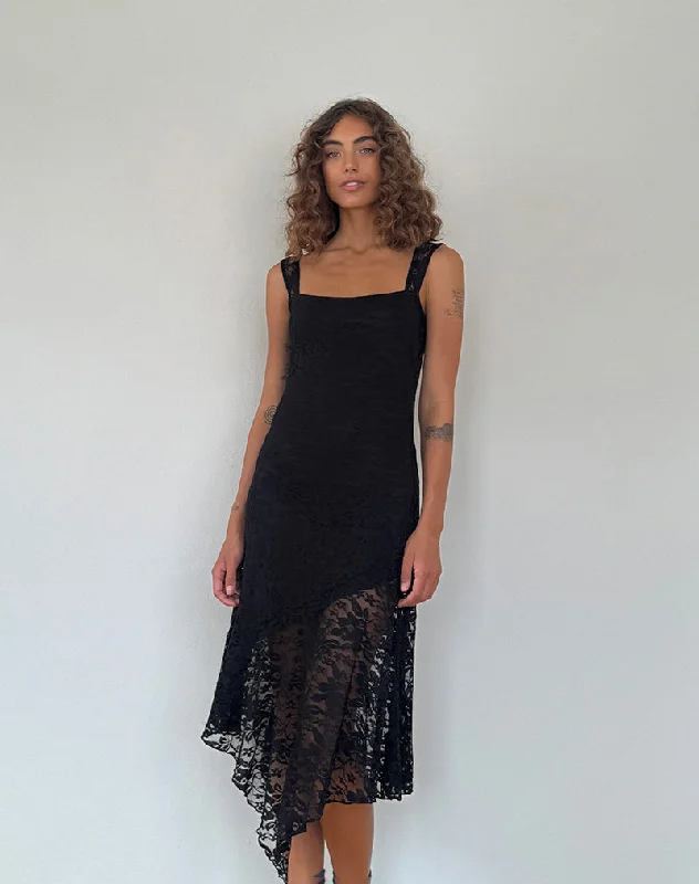 Ladies midi dress premiere -Adeliza Asymmetric Midi Dress in Floral Lace Jet Black