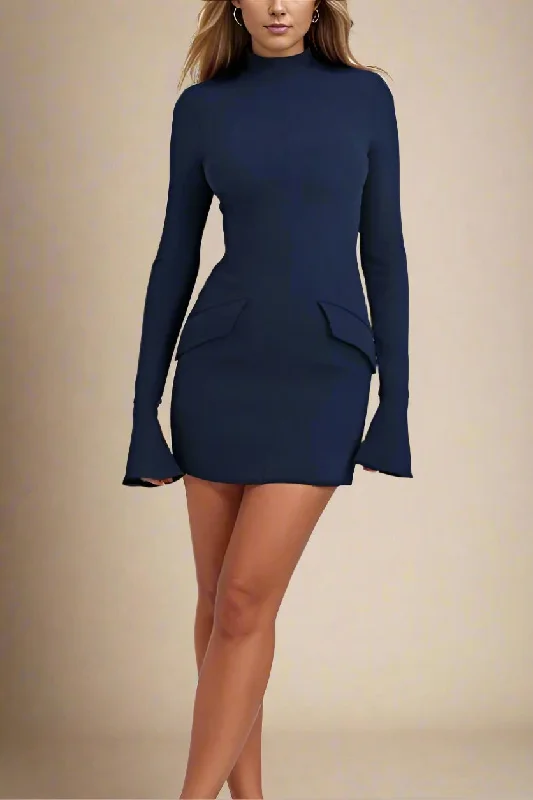 Women's mini dress tailored collar -Adrian Long Sleeve Bodycon Mini Dress - Navy Blue