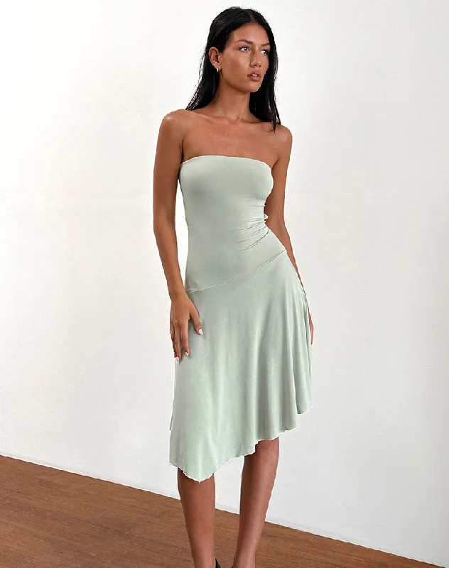 Ladies midi dress ruched -Akira Bandeau Midi Dress in Slinky Sage