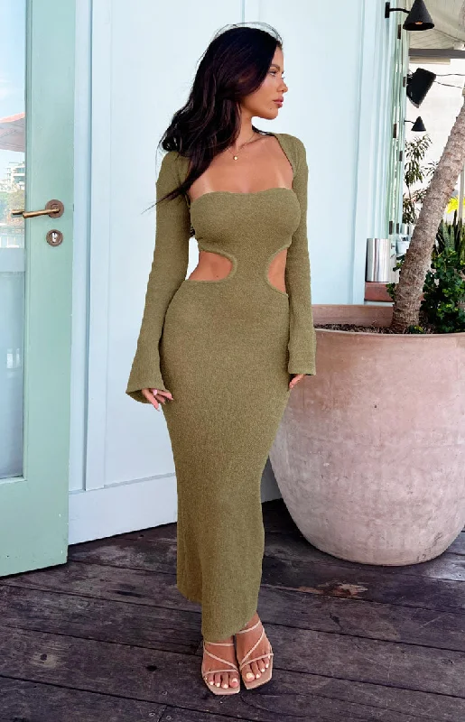 Ladies midi dress eco-friendly -Alba Khaki Long Sleeve Knit Midi Dress