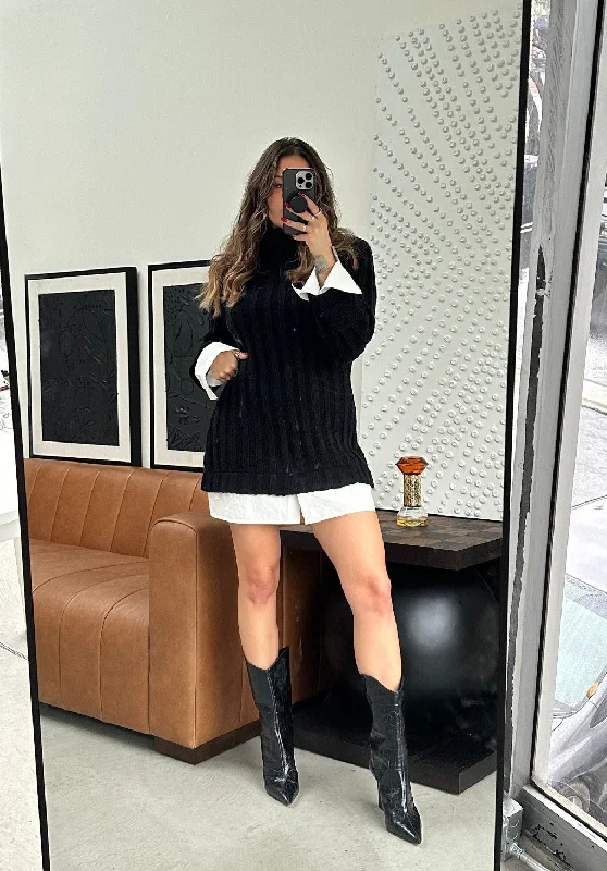 Women's mini dress side ruffle -Allison Black Long Sleeve Knit Mini Dress