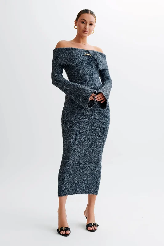 Ladies midi dress calm -Baxter Off Shoulder Fluffy Knit Midi Dress - Charcoal