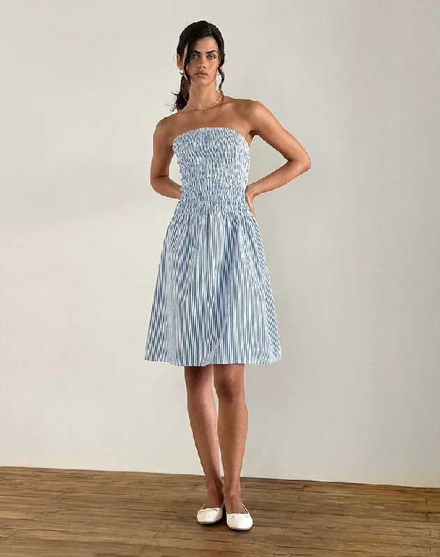 Ladies midi dress turquoise -Belesi Midi Dress in Blue Small Vertical Stripe