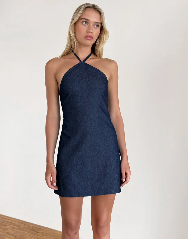 Women's mini dress soft taupe -Belinda Halterneck Mini Dress in Denim Chambray Indigo