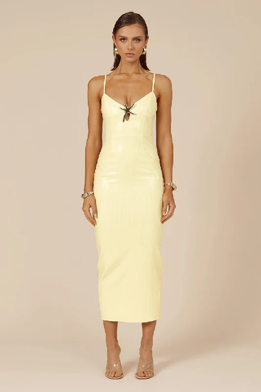 Ladies midi dress gathered -BENITO MIDI DRESS - LEMON