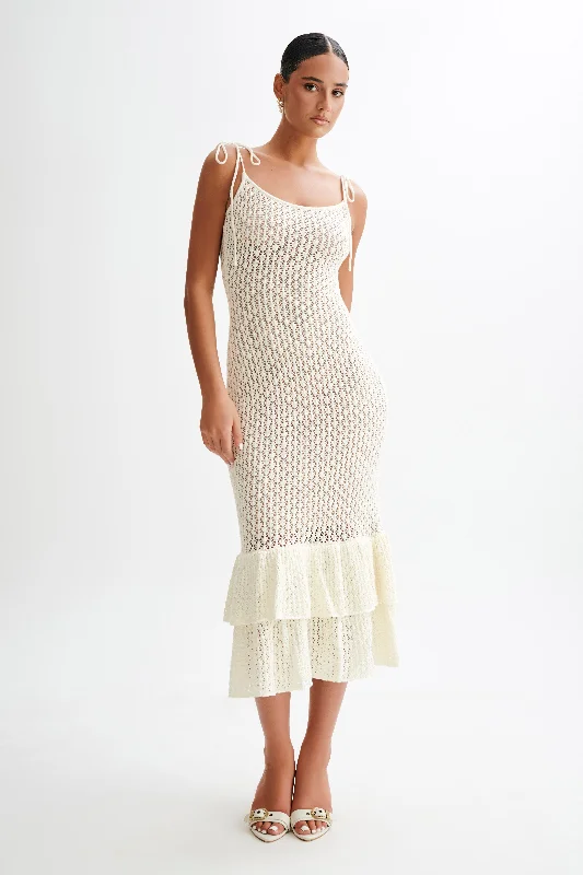 Ladies midi dress daywear -Bianca Knit Midi Dress - Ivory