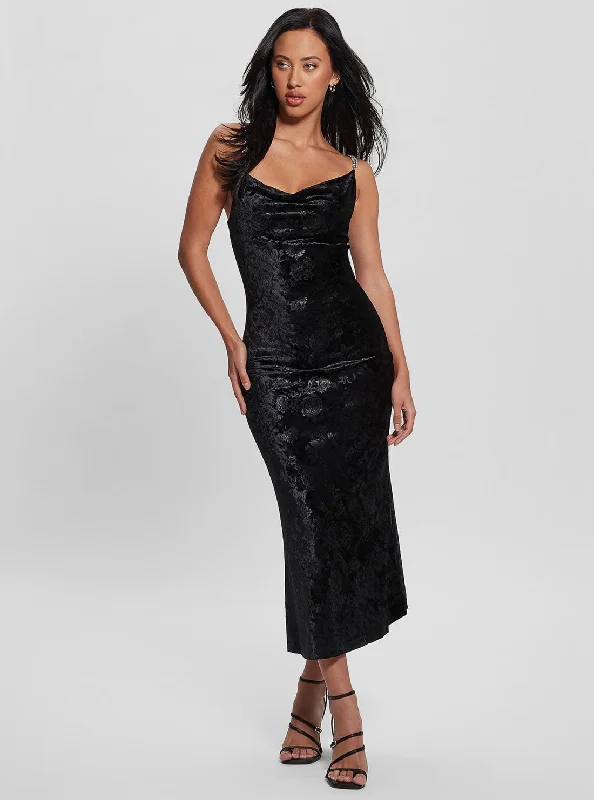 Ladies midi dress retreat -Black Aida Floral Velvet Midi Dress