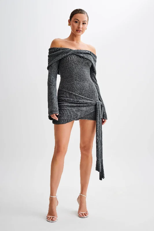 Women's mini dress sleek satin -Camryn Off Shoulder Tie Knit Mini Dress - Charcoal