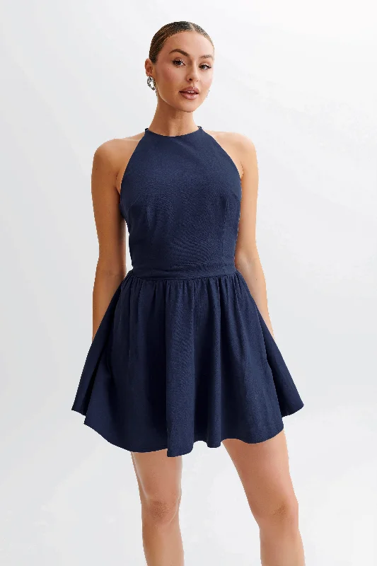 Women's mini dress soft polka -Carolina Cotton Halter Mini Dress - Navy