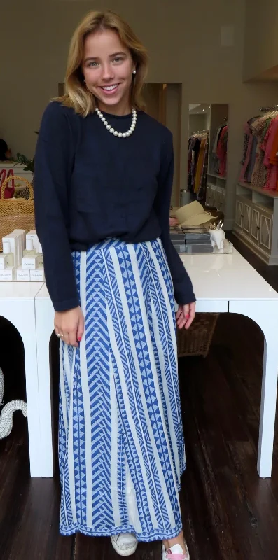 Ladies midi dress dinner -Hanley Midi Skirt Blue and White Woven