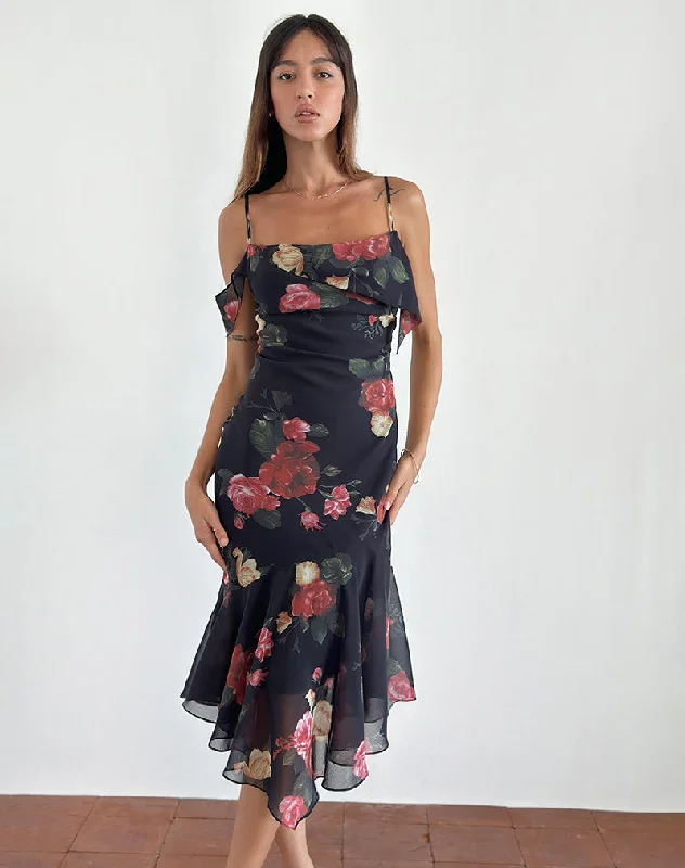 Ladies midi dress damask -Dansya Midi Dress in Renaissance Rose Black