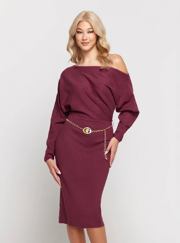 Ladies midi dress mandarin collar -Dark Red Raven Long Sleeve Off Shoulder Midi Dress