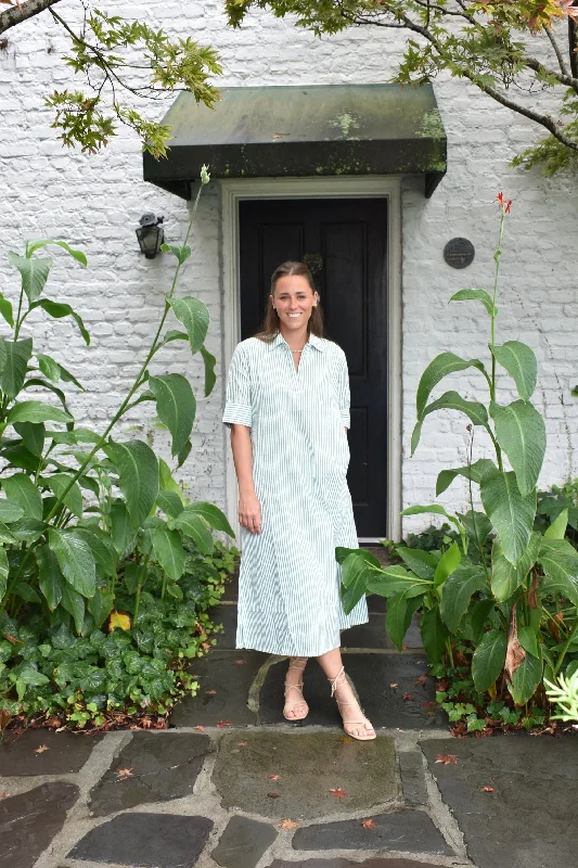 Ladies midi dress flowing -Darren Midi Dress Short Sleeve Green Stripe