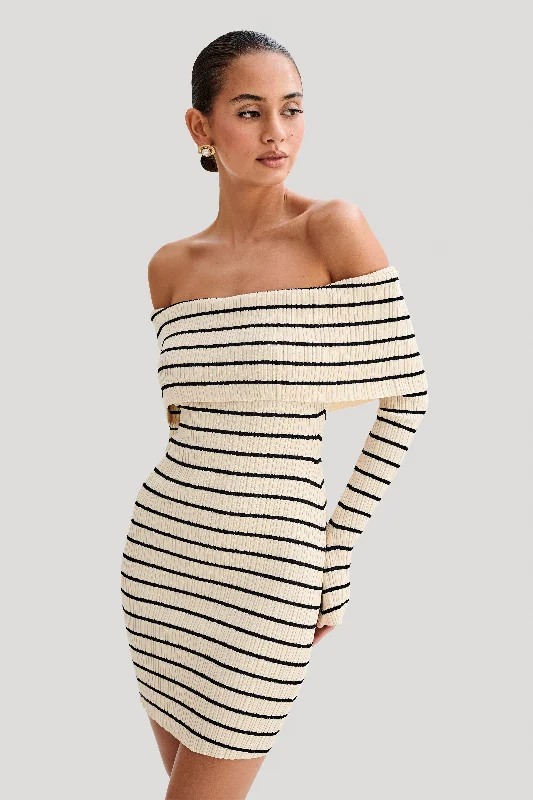 Women's mini dress tailored stripe -Dominica Off Shoulder Knit Mini Dress - Ivory