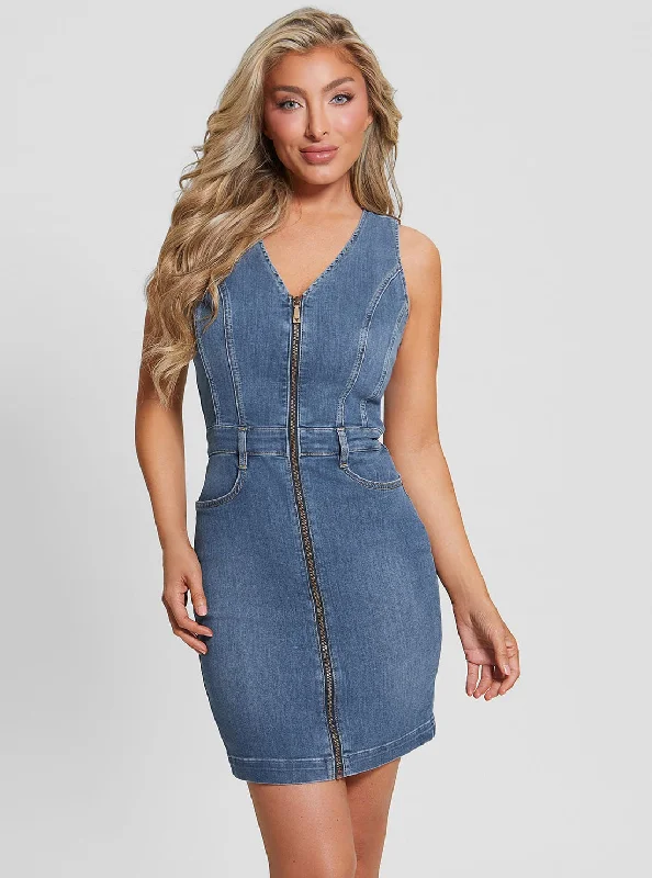 Women's mini dress breathable check -Eco Blue Micol Denim Mini Dress