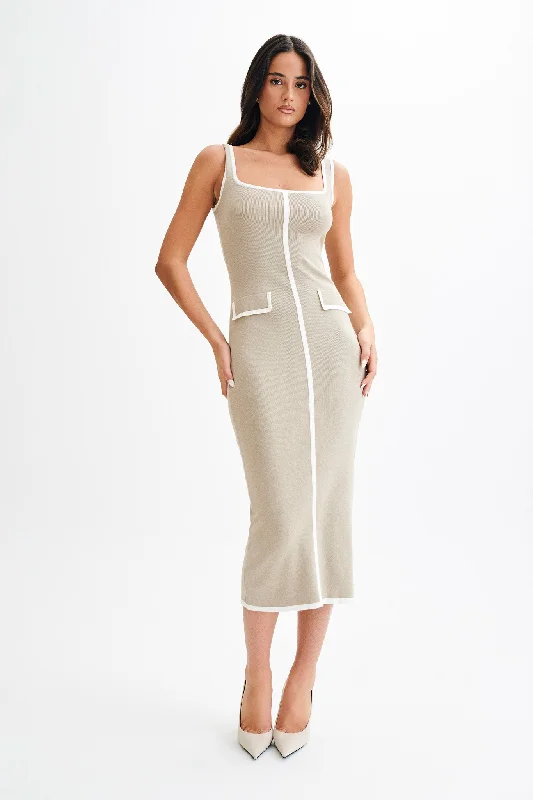 Ladies midi dress relaxed -Eimear Contrast Knit Midi Dress - Taupe & Ivory