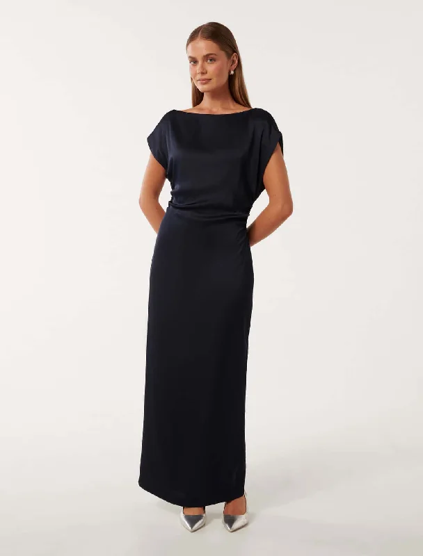 Ladies midi dress onyx -Ella Draped Satin Midi Dress