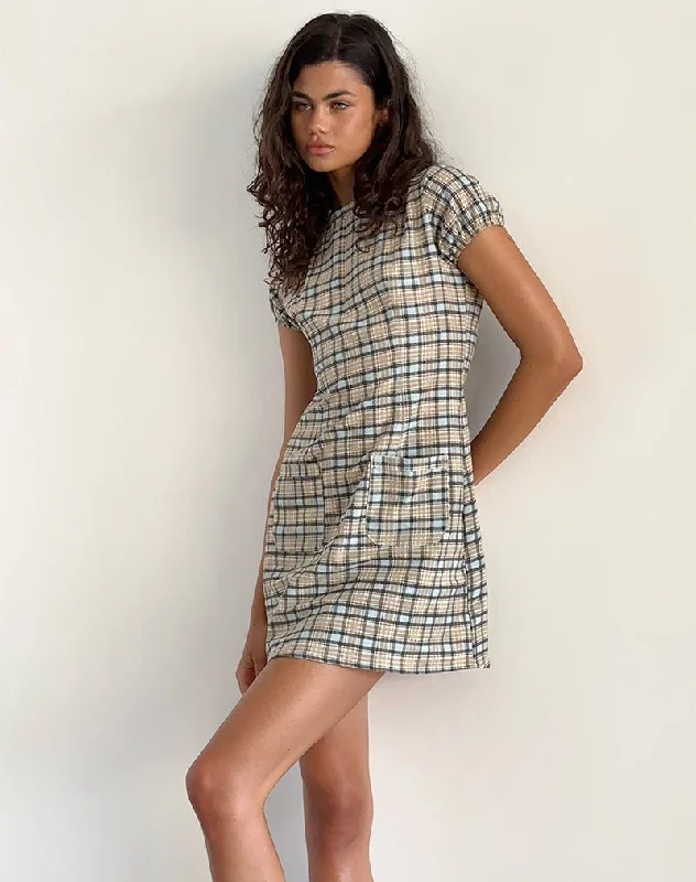 Women's mini dress pale mint -Gingka Mini Dress in Pastel Blue Tartan