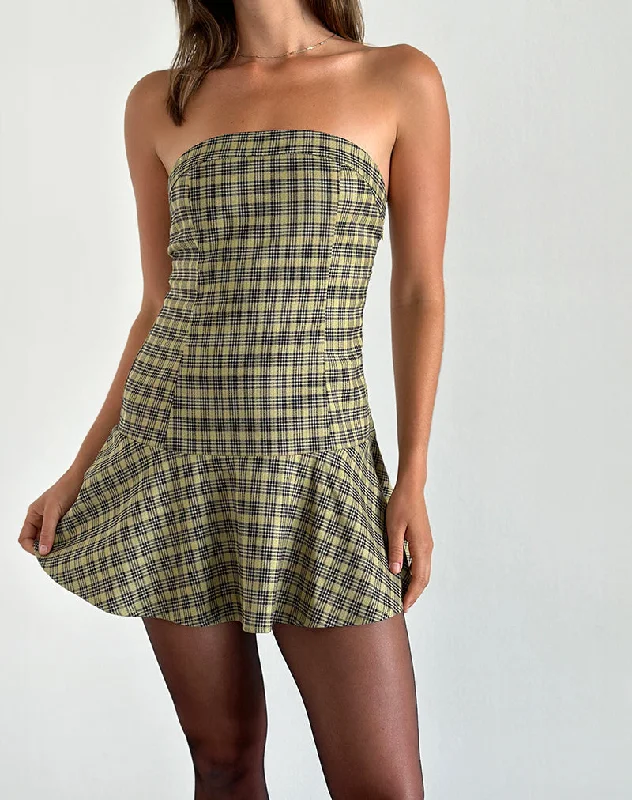 Women's mini dress playful ruffle -Hadia Bandeau Mini Dress in Check Yellow