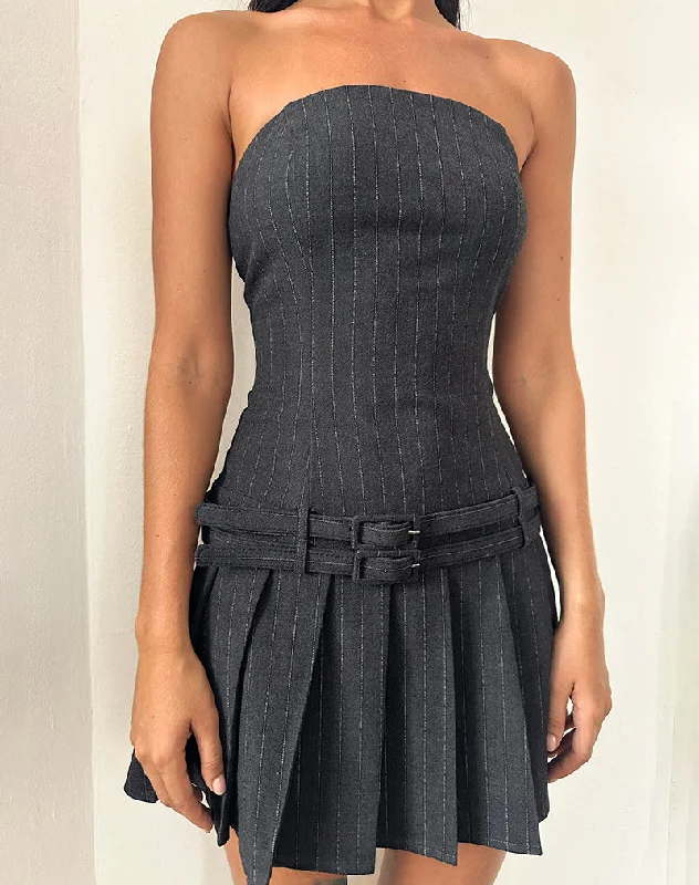 Women's mini dress fitted silhouette -Haika Double Belt Mini Dress in Charcoal with White Stripe