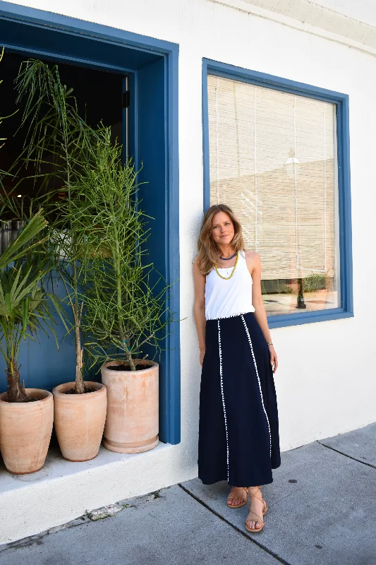 Ladies midi dress striped -Hanley Midi Skirt Navy with White Whip Stitch