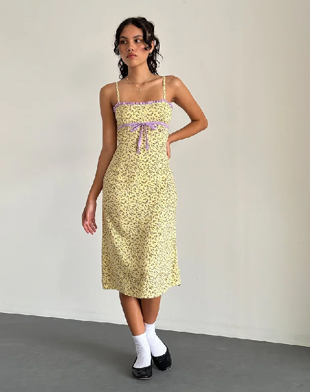 Ladies midi dress bishop sleeve -Isaure Midi Dress in Flowing Flower Yellow