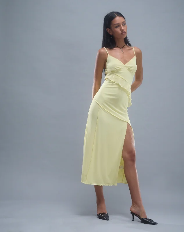 Ladies midi dress cruise -Jacy Ruffle Midi Dress in Mesh Lemon