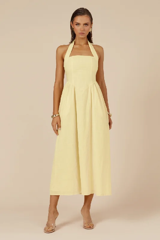 Ladies midi dress keyhole -LOCKLEA MIDI DRESS - LEMON