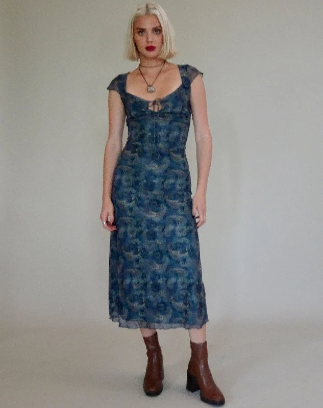 Ladies midi dress red carpet -Lunama Mesh Midi Dress in Tonal Blue Paisley